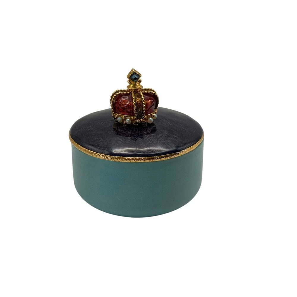 Mike and Ally Crown‎ Trinket Box Navy Blue Teal Gold Enamel Jewelry Holder